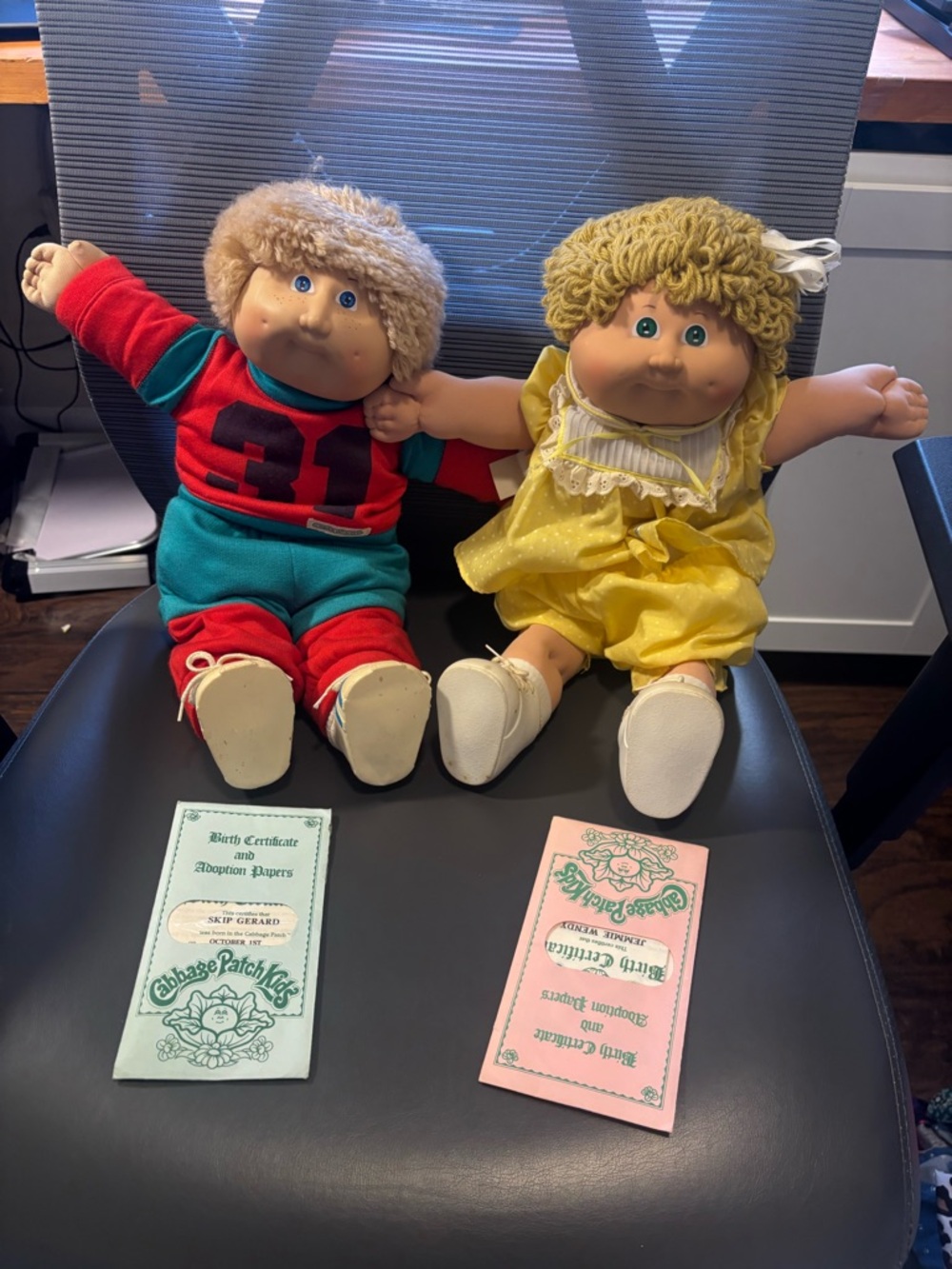Cabbage Patch Kids Pair – Red/Teal Boy & Yellow Girl Plush Dolls